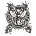 wu-tang clan logo in background with killer ninja bees manga style tattoo design idea