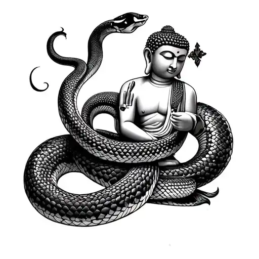 A snake wrapped around a buddha statue representing the struggle between good and evil, with intricate details &shading  tattoo design idea