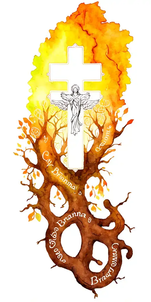 Celtic cross, Tree of life and an archangel with the names Cody, Brianna and Brady in the roots of the tree of life tattoo design idea