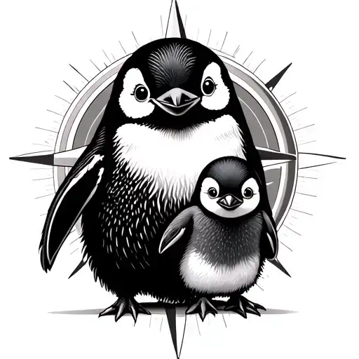 simplistic mum and baby  penguin standing in a compass  tattoo design idea