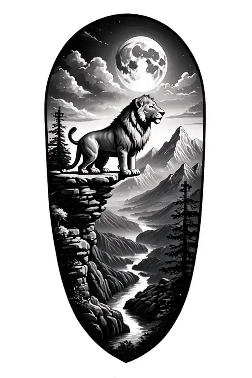 I want a Christian themed tattoo with a lion on top of a ledge surrounded by mountains overlooking a valley with a moon, tattoo design idea