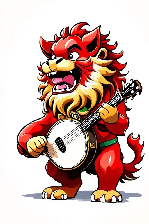 red Chinese lion playing the banjo tattoo design idea