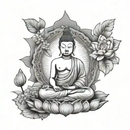 spiritual lotus, chakras symbols, budda in an asian landscape tattoo design idea