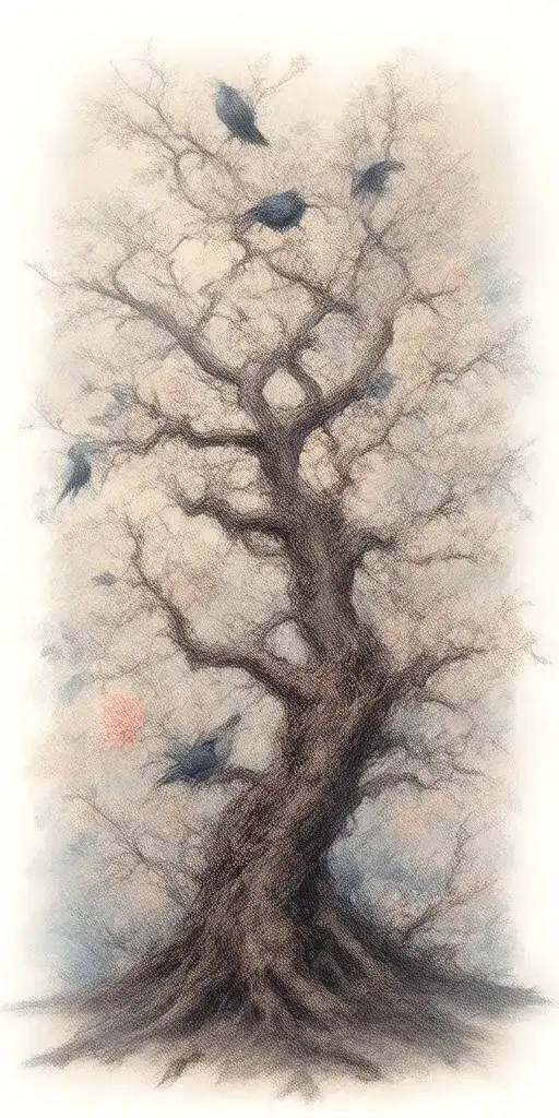 crooked scary looking tree wich gnarled and snapped branches. ravens perched amongst the branches roses weaving amongst tattoo design idea