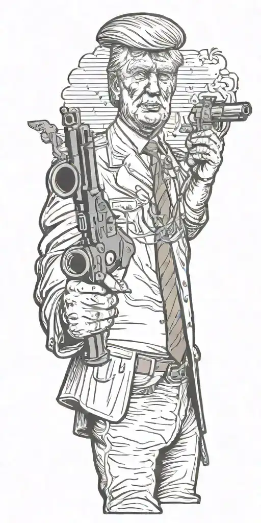 trump holding a gun city in background  tattoo design idea