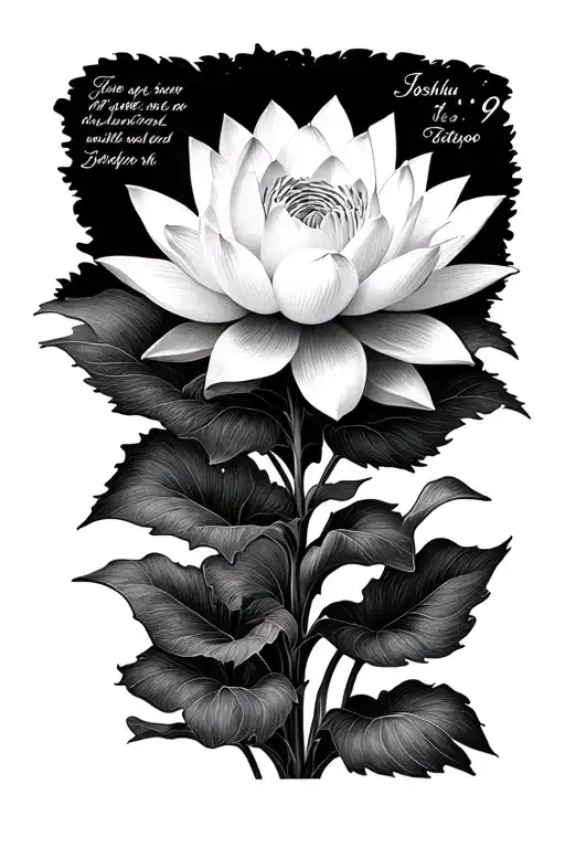 A beautiful lotus white flower with Joshua 1:9 verse written out as the stem stacked letter by letter in cursive tattoo design idea