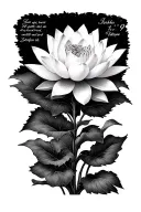 A beautiful lotus white flower with Joshua 1:9 verse written out as the stem stacked letter by letter in cursive tattoo design idea