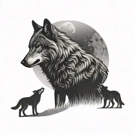 Wolf and two cubs howling in silhouette of moon surrounded tattoo design idea