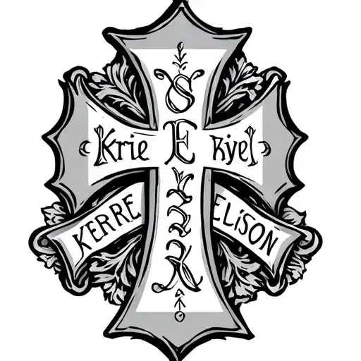 A tatoo with An Irish Cross with the words Kyrie Eleison in beautiful lettering tattoo design idea
