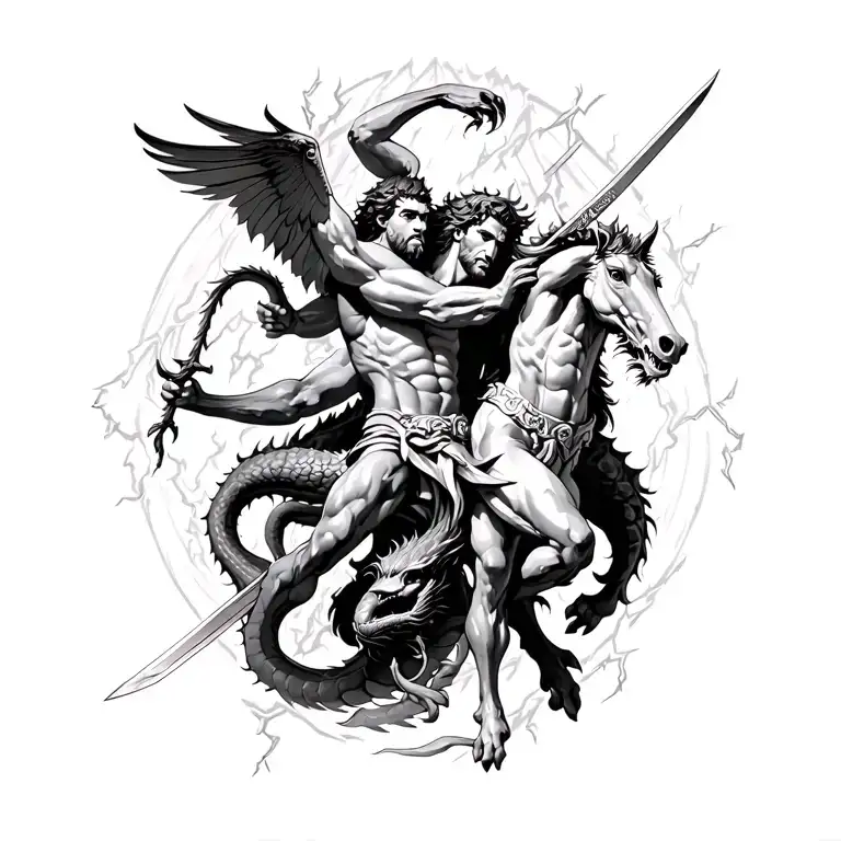 Hercules fighting hydra with multiple heads. one Pegasus herc using a sword.  lightning bolt in the background. tattoo design idea