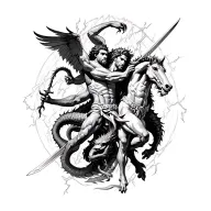 Hercules fighting hydra with multiple heads. one Pegasus herc using a sword.  lightning bolt in the background. tattoo design idea