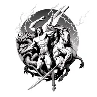 Hercules fighting hydra with multiple heads. one Pegasus herc using a sword.  lightning bolt in the background. tattoo design idea