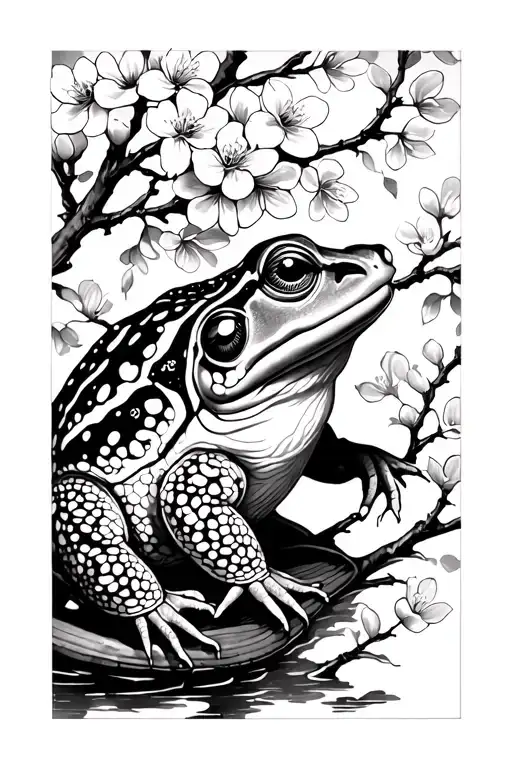 Japanese toad and cherry blossoms falling tattoo design idea