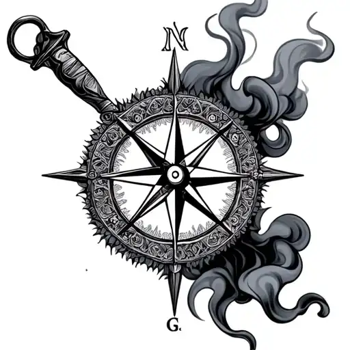 compass with mandala and smoke rising tattoo design idea