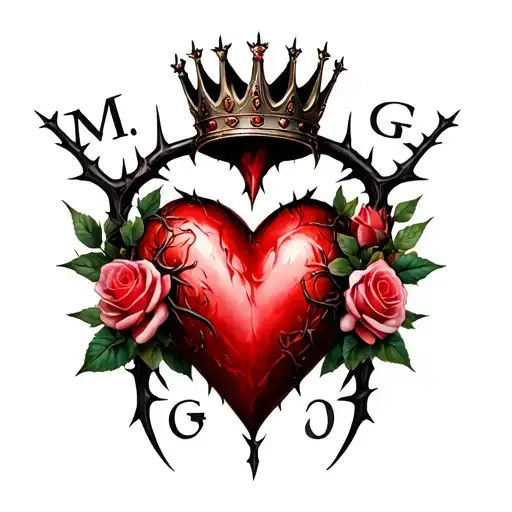 "M G" heart surrounded by thorns and roses with a crown adorned tattoo design idea