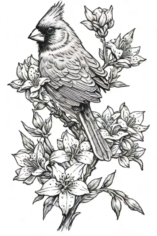 cardinal bird sitting on a bluebonnet flower tattoo design idea