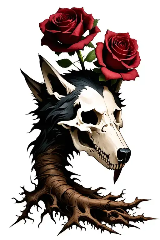 wolf skull,  rose wraped around with the root with only two to three roses on top,  spikes, slavic symbols: Stribog, mor tattoo design idea
