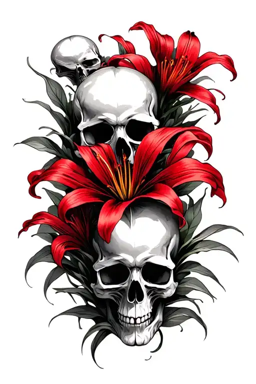 smaller skulls intertwined with red spider lily with a space for a long quote in the middle tattoo design idea