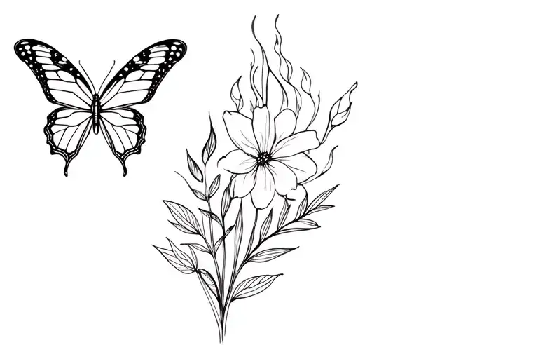butterfly & fire & wild flower & aries zodiac sign mix tattoo design idea
