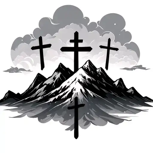 3 crosses on a mountain with clouds surrounding tattoo design idea