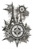 A compass rose surrounded by various travel landmarks like the Eiffel Tower and pyramids tattoo design idea