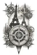 A compass rose surrounded by various travel landmarks like the Eiffel Tower and pyramids tattoo design idea