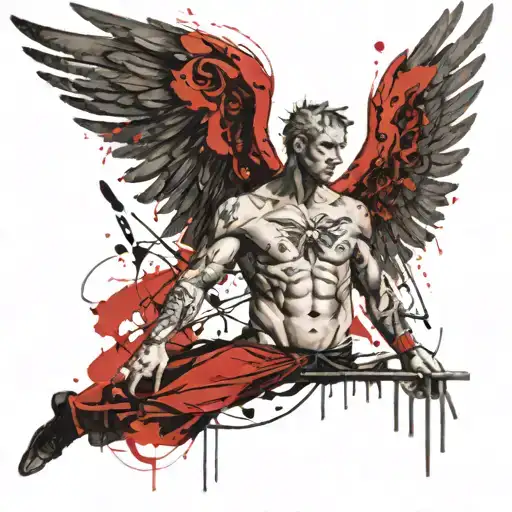 topless male guardian angel with open wings and a banner 'trust yourself' tattoo design idea