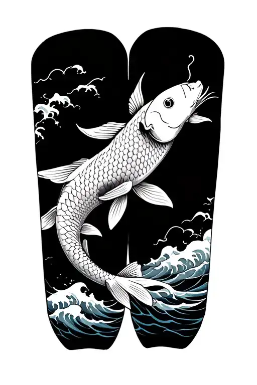 lower arm sleeve, koi fish with big scales, black and grey, waves and water background tattoo design idea