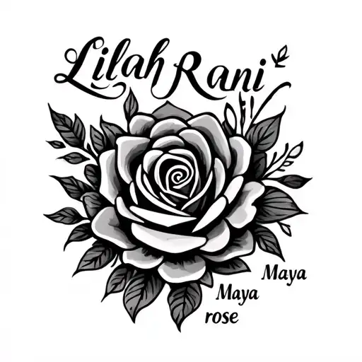"Lilah Rani" "Lilah Rani Maya rose " kids names incorporated into the design inspired tattoo design idea