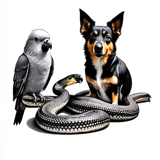 australian albino snake with australian cockatiel with australian rainbow lorikeet with australian kelpie dog tattoo design idea