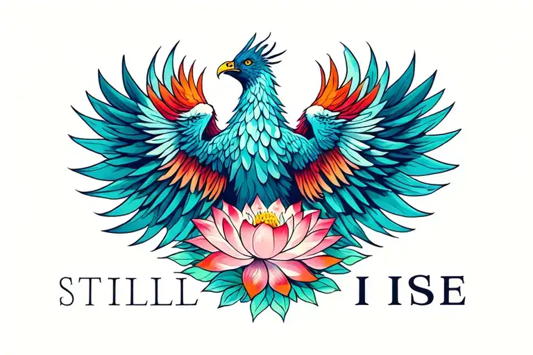 "STILL I RISE" a phoenix rising from the sky  with lotus flower surrounded tattoo design idea