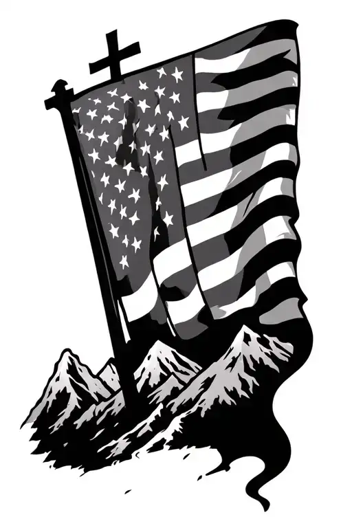 American flag with cross and mountains tattoo design idea
