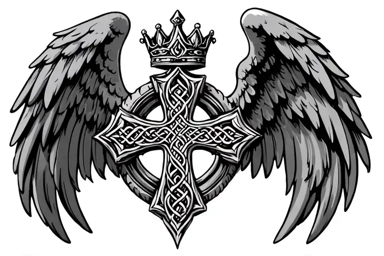 celtic cross with crown and angel wings tattoo design idea