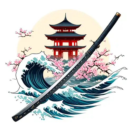 Samurai sword with temple and waves with cherry blossoms tattoo design idea