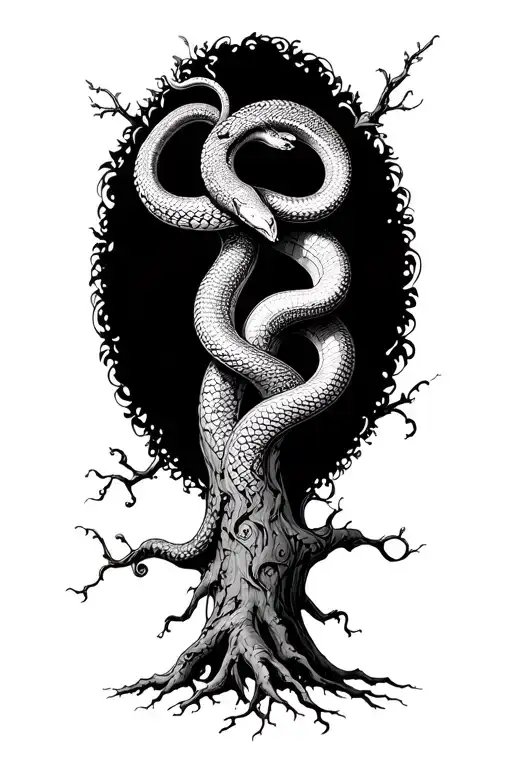 snake climbing tree with a rise vine wrapped around the trunk and roots reaching deep tattoo design idea