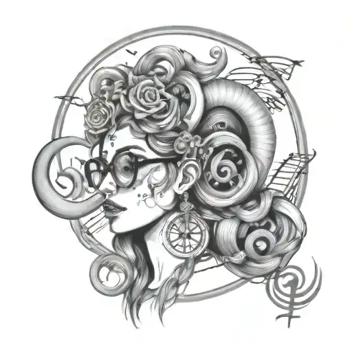 Goddess Aries wearing glasses surrounded by music notes tattoo design idea