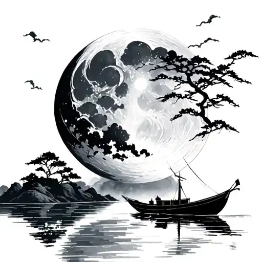 Japanese Moon, river, boat, mythical tattoo design idea