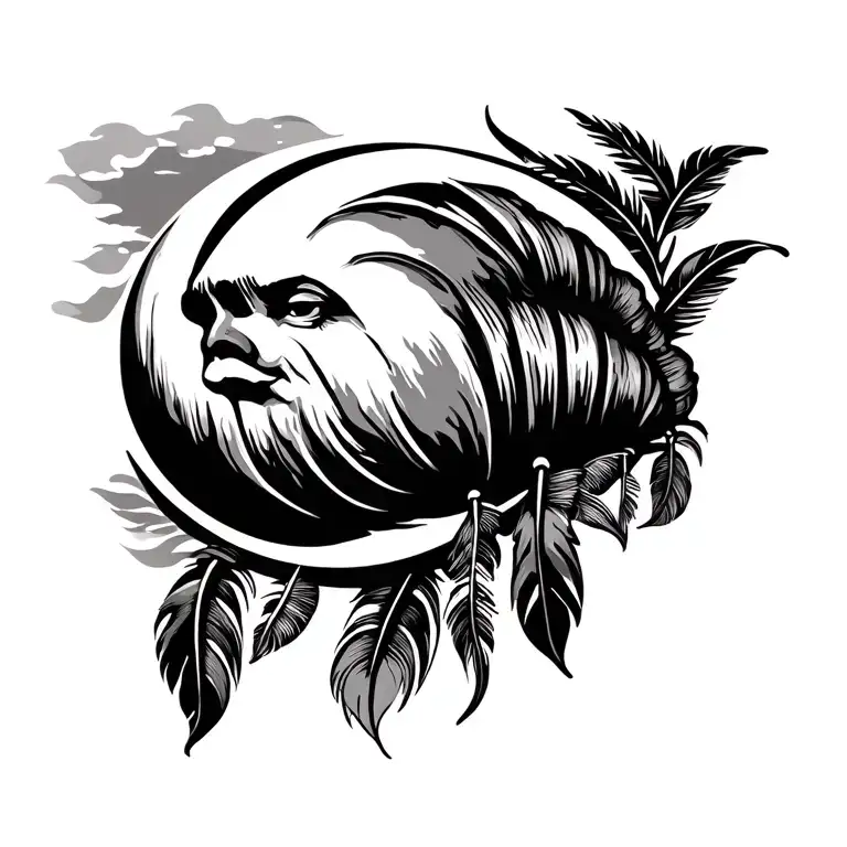 Moon Croissant Polynesian Tattoos Version Dream Catch with five feathers hanging tattoo design idea