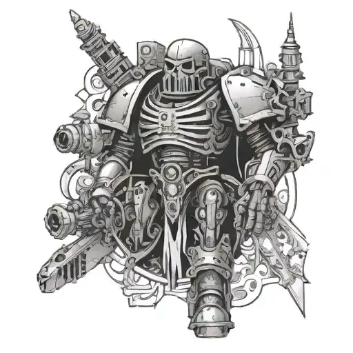 mechanicus 40k with banners for text tattoo design idea