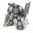 mechanicus 40k with banners for text tattoo design idea