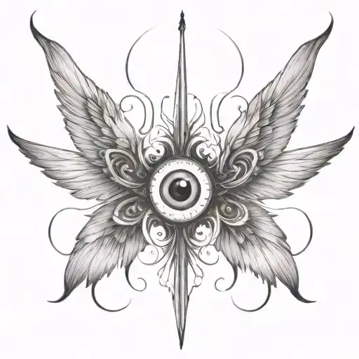 seraphim, 6 large burnt wings, demon eye in the centre, gothic tattoo design idea