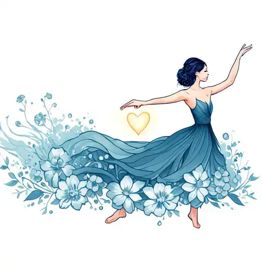 A dancer and part of her body transform into soft waves and flowers as she dances, and a glowing heart in her center kee tattoo design idea