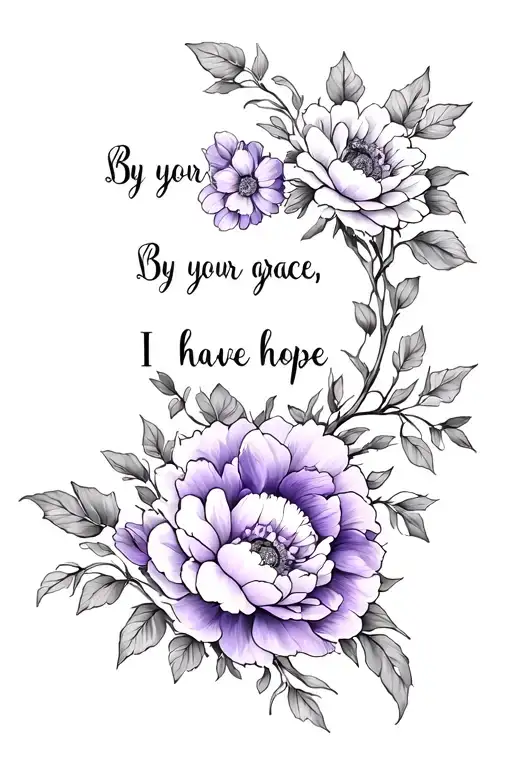"By your grace, I have hope"  fine line tattoo a vine with Peony, chrysanthemum, violet, marigold flowers tattoo design idea