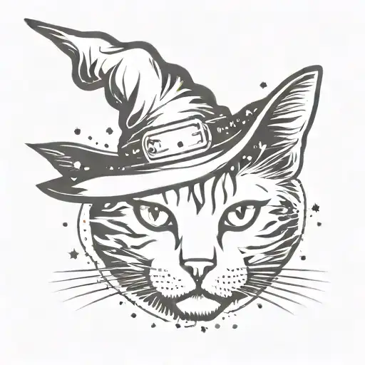 Cat with witch hat and sparkles around it tattoo design idea