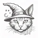 Cat with witch hat and sparkles around it tattoo design idea