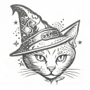 Cat with witch hat and sparkles around it tattoo design idea