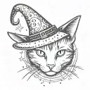 Cat with witch hat and sparkles around it tattoo design idea