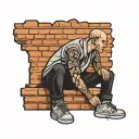 Brick wall with human sitting on top of it representing human sitting on trauma tattoo design idea