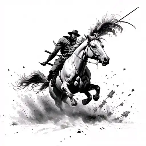 A lone bareback bronc rider atop a demonic, mutated Pale Horse, exploding through a hellish battlefield tattoo design idea