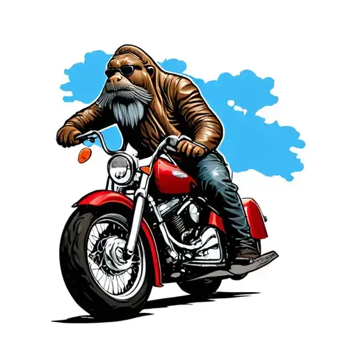 create an image of a male walrus biker wear leathers, sunglasses with along grey goatee riding a red harley ultra limite tattoo design idea
